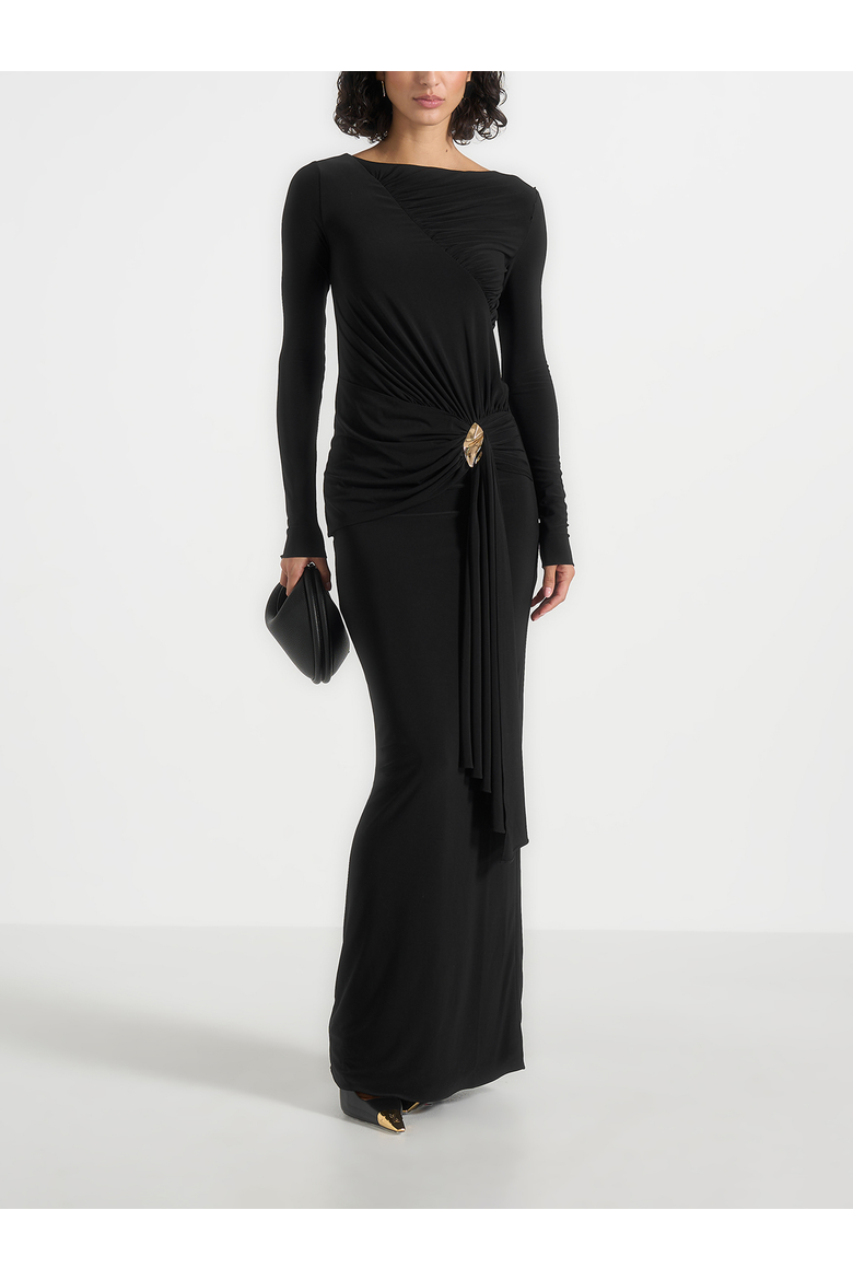 Edena Asymmetric Ruched Draped Maxi Dress, Alternate, color, Black