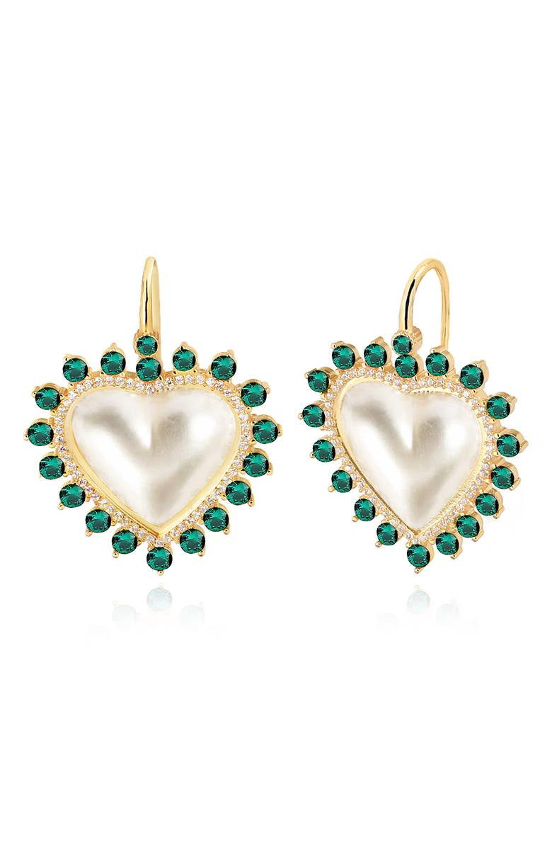 GABI RIELLE 14K Gold Plated Sterling Silver CZ Halo Mother-of-Pearl Heart Drop Earrings, Main, color, 
