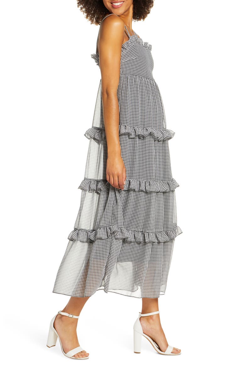 Sunday Girl Frill Check Chiffon Midi Sundress, Alternate, color, BLACK AND WHITE