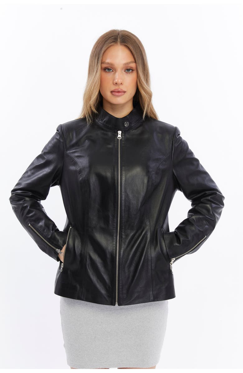 Furniq UK Elspeth Leather Jacket, Alternate, color, Black