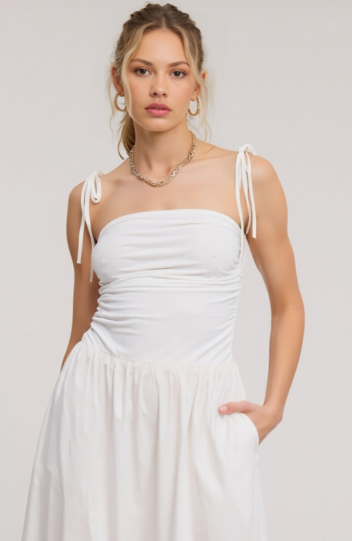 Modenaire Ruched Bodice Midi Dress With Tie Straps And Gathered Skirt In White