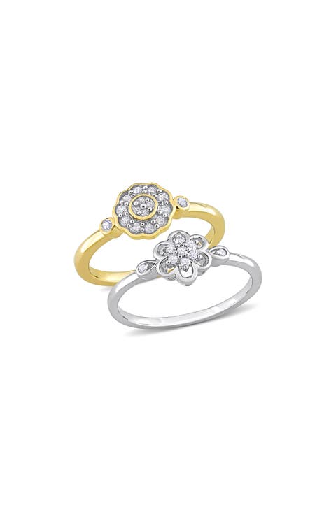 Set of 2 Sterling Silver Diamond Flower Rings - 0.14ct.