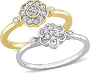 DELMAR Set of 2 Sterling Silver Diamond Flower Rings - 0.14ct.