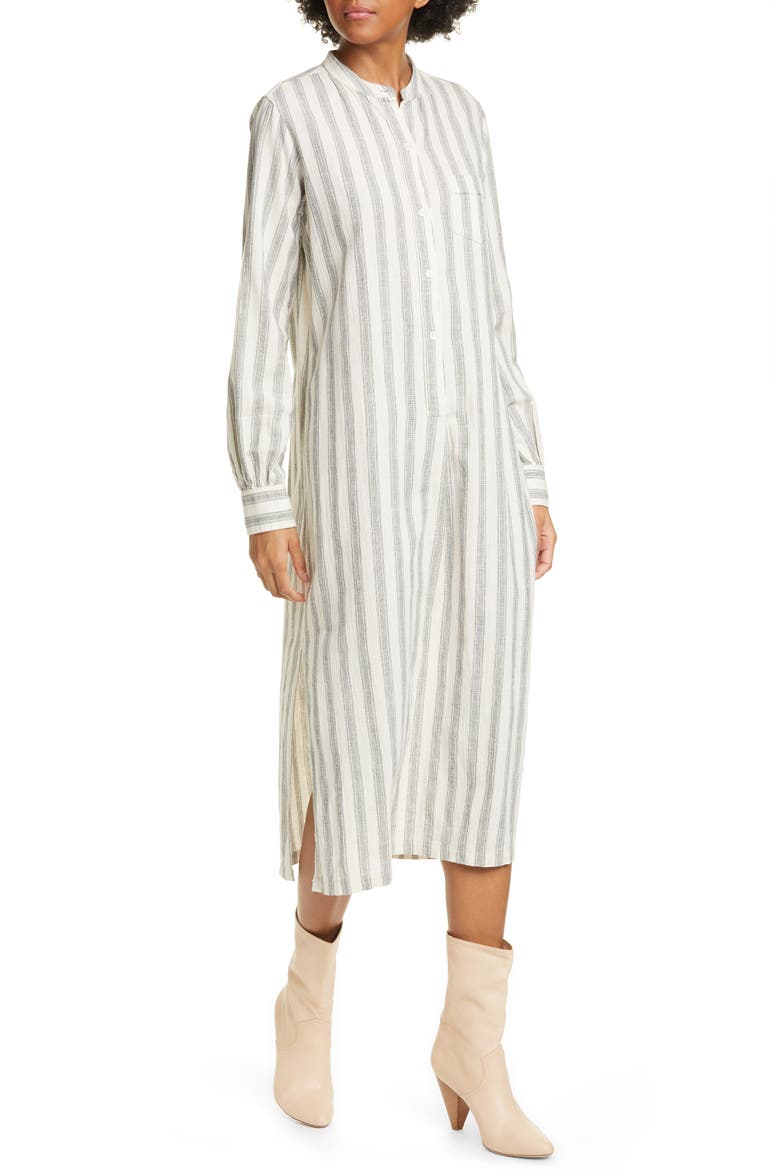 Malia Long Sleeve Stripe Cotton & Linen Midi Dress, Alternate, color, NATURAL/ BLACK STRIPE
