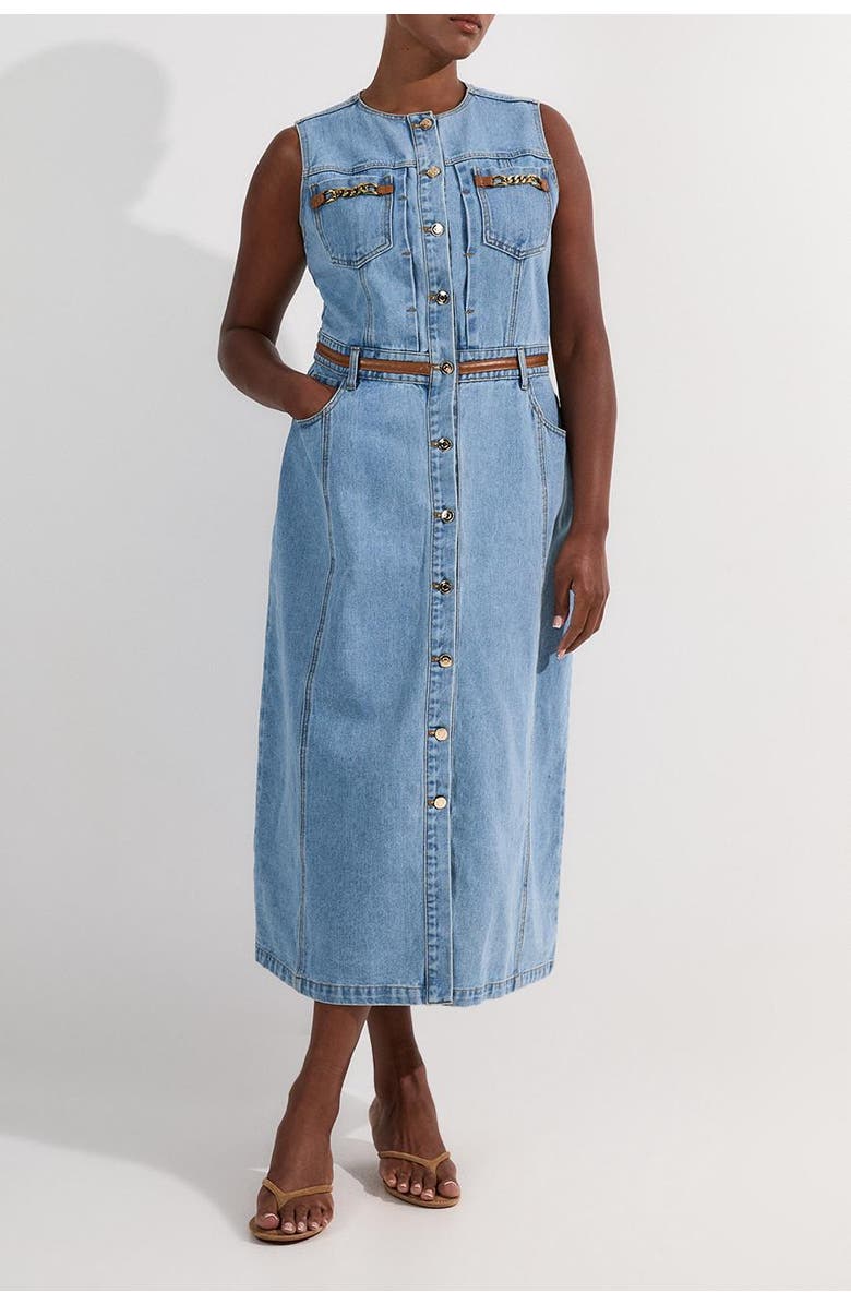 Karen Millen Tipping Sleeveless Midi Denim Dress, Alternate, color, Light Blue