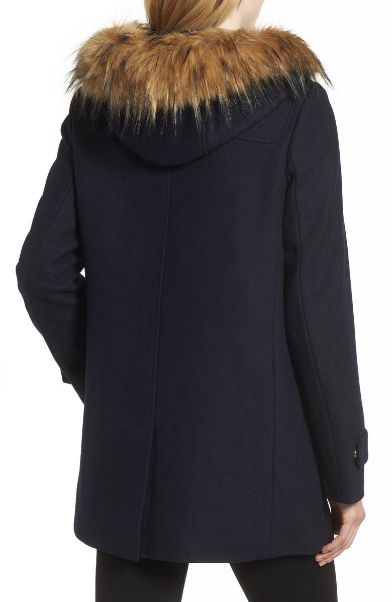 Cole Haan Hooded Duffle Coat with Faux Fur Trim, Alternate, color, 