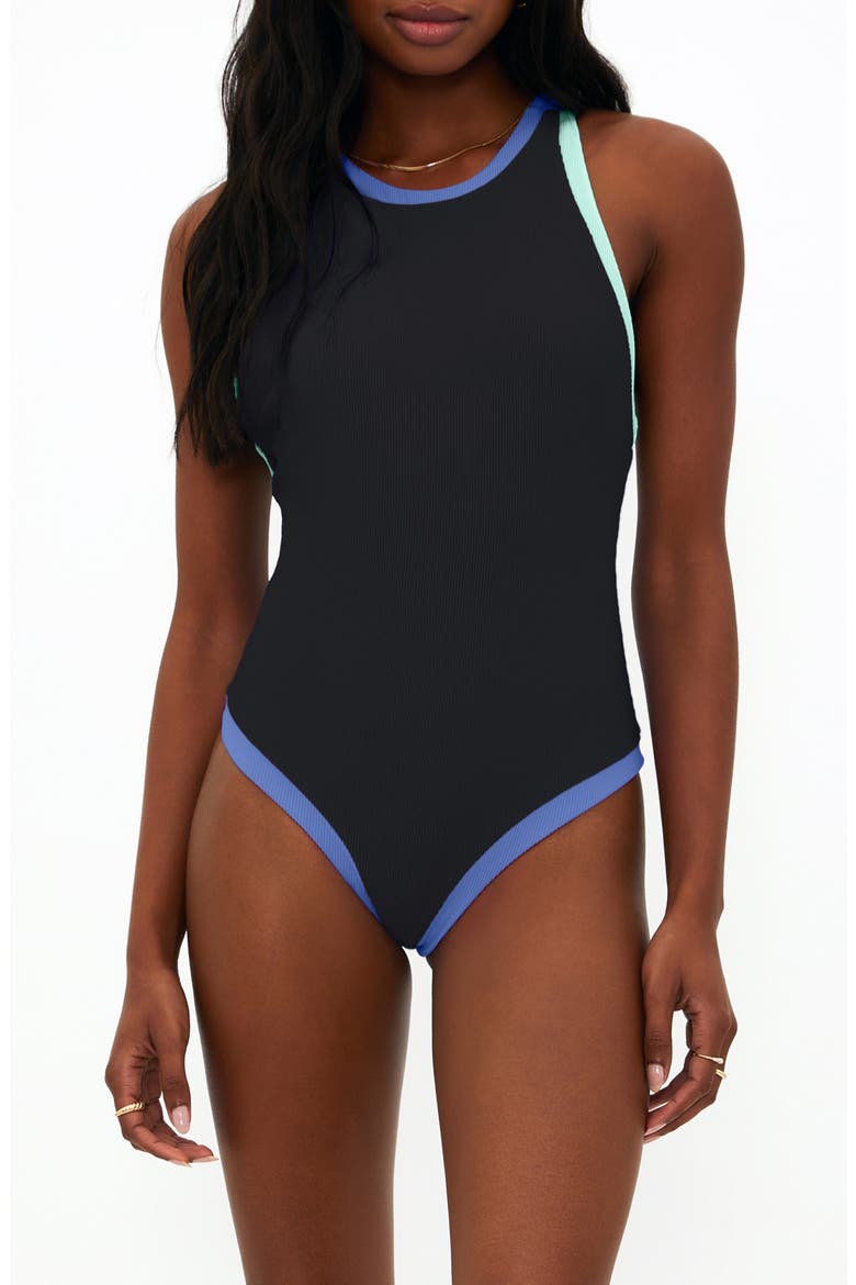 Steph Contrast Binding Rib One-Piece Swimsuit, Main, color, SAPPHIRE SEA COLORBLOCK