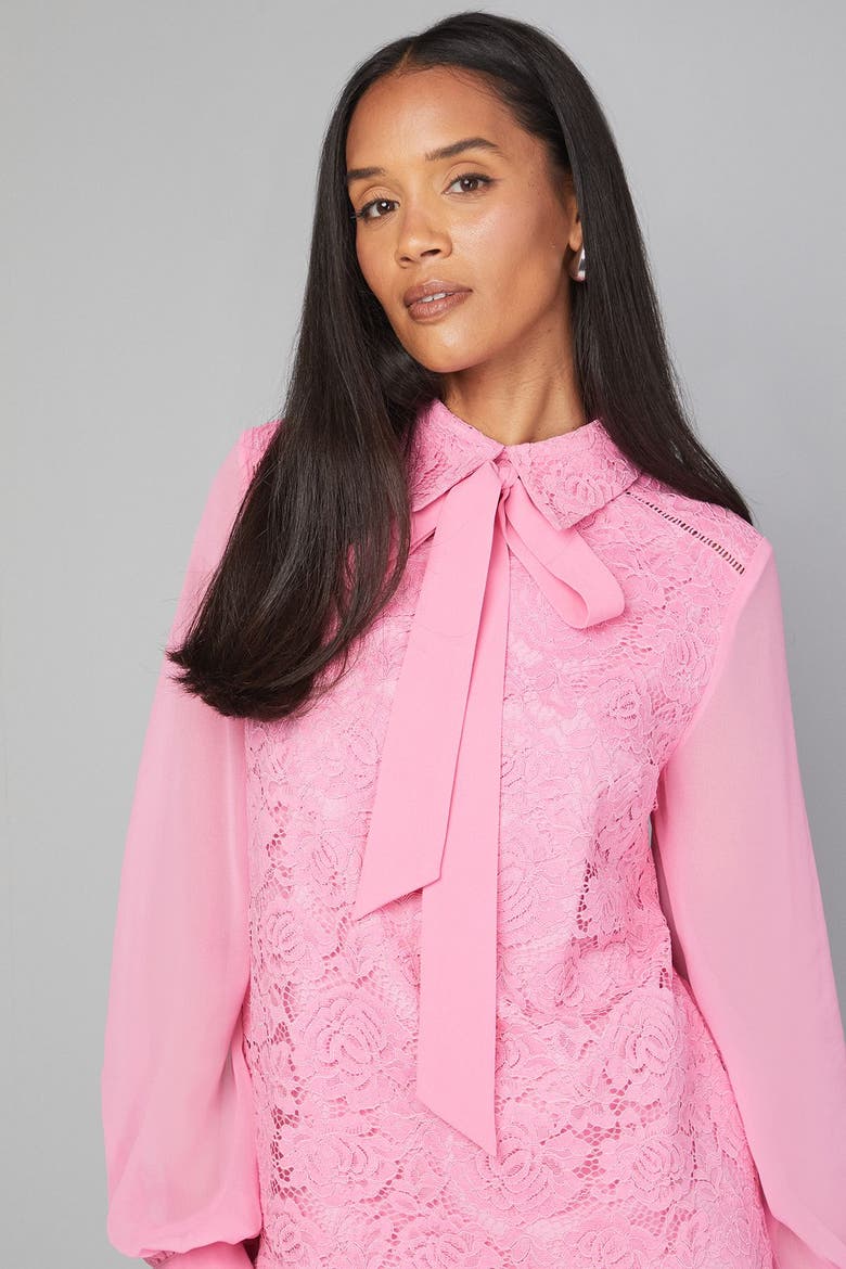 Lace Tie Neck Shift Dress, Alternate, color, Pink