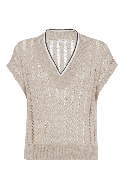 Brunello Cucinelli Women Dazzling Ribbed Net Knitted T-shirt In Linen In Cool Beige