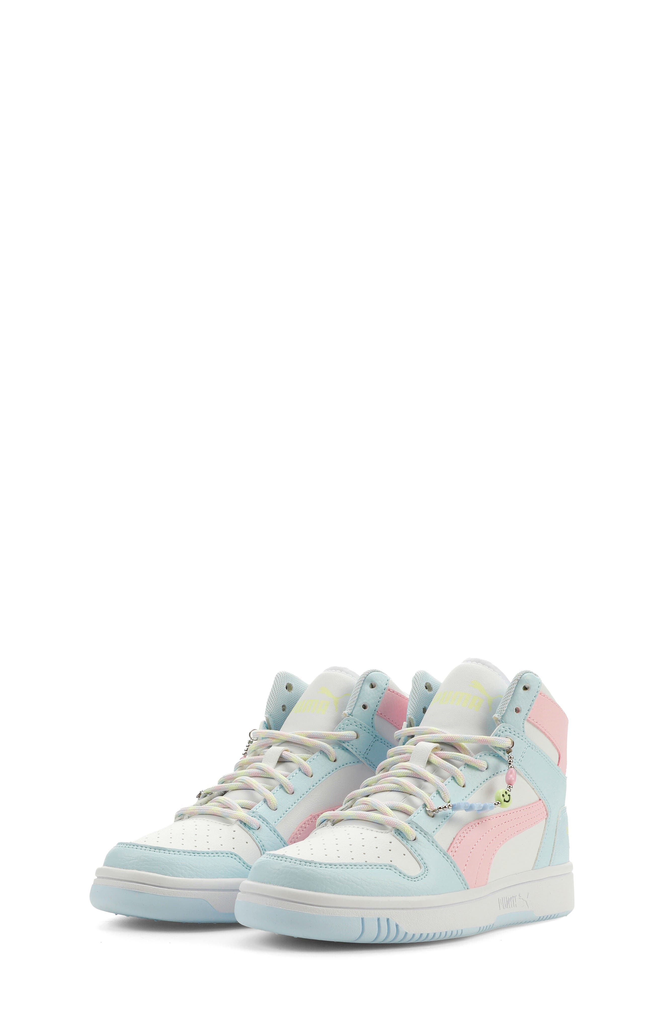 Kids' Rebound Layup High Top Sneaker with Playful Charm Accent, Alternate, color, PUMA WHITE/ PEARL PINK/ APPLE
