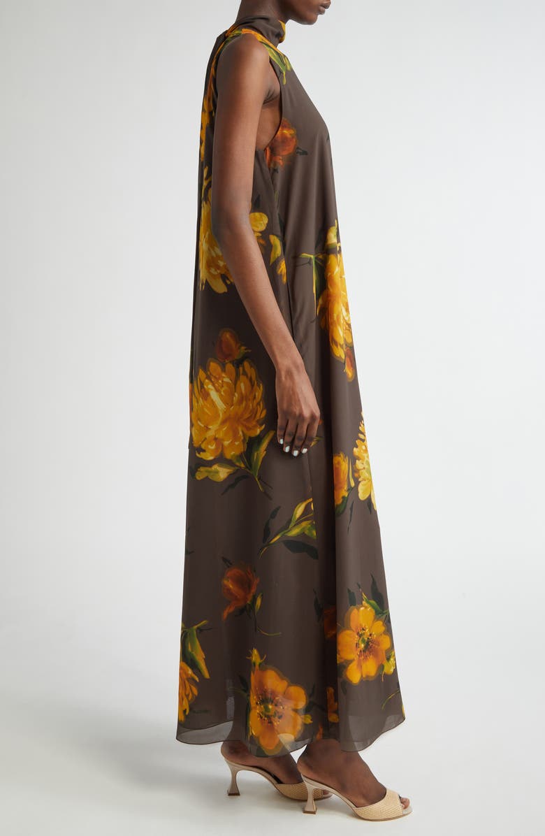 Lela Rose Floral Print Tie Neck Sleeveless Chiffon Maxi Dress, Alternate, color, Chocolate Multi