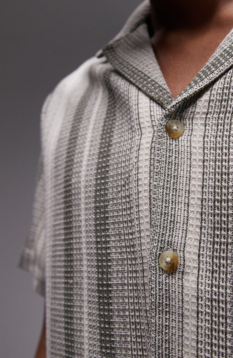 Topman Reverse Stripe Textured Cotton Blend Camp Shirt, Alternate, color, Medium Green