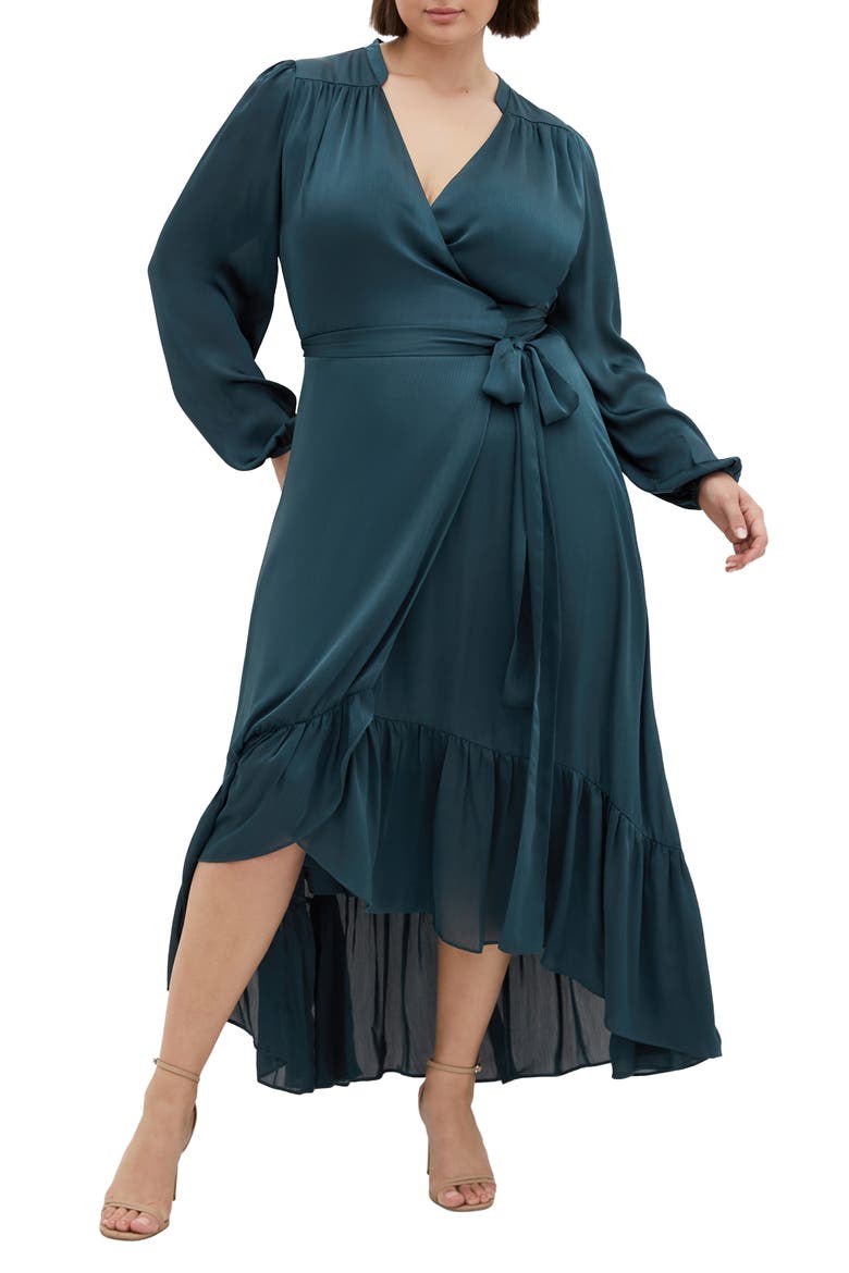 Rylie Love Long Sleeve High-Low Satin Maxi Dress, Main, color, TEAL