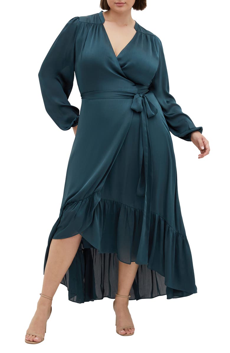 City Chic Rylie Love Long Sleeve High-Low Satin Maxi Dress, Main, color, Teal