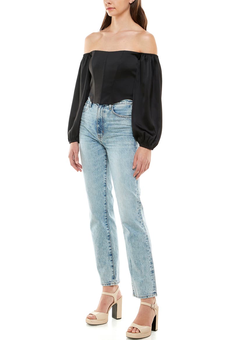 Nightcap Off the Shoulder Bustier Top, Alternate, color, BLACK
