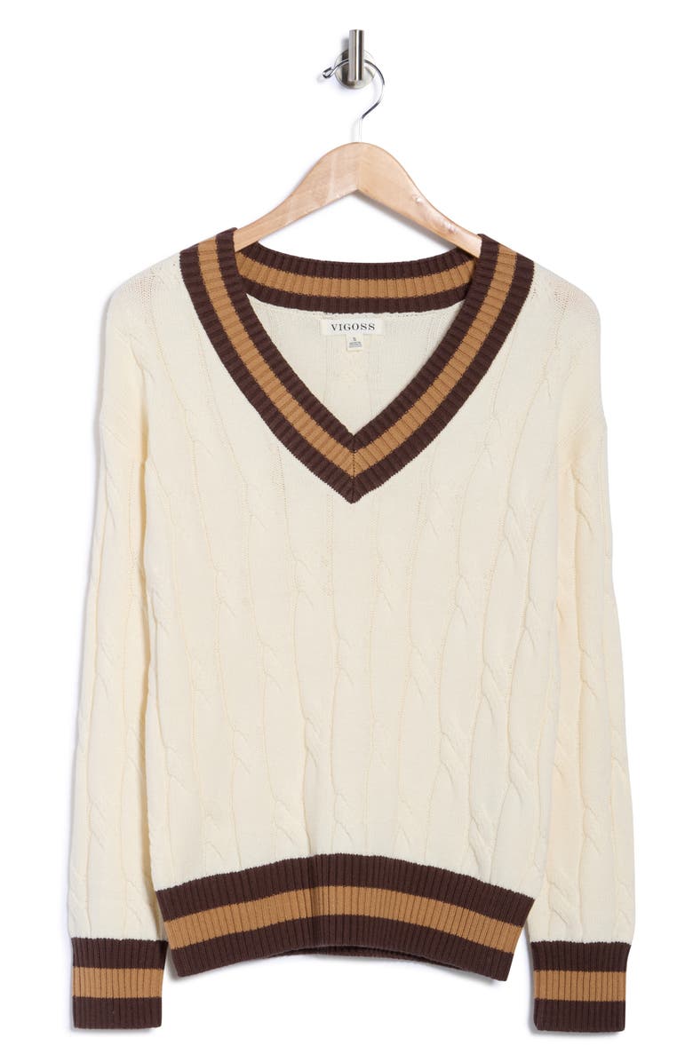 Vigoss Tipped V-Neck Cable Stitch Sweater, Alternate, color,