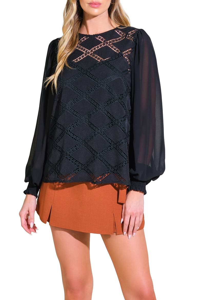 Long Sleeve Mixed Media Top, Main, color, BLACK