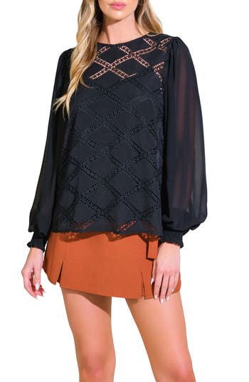 Flying Tomato Long Sleeve Mixed Media Top In Black