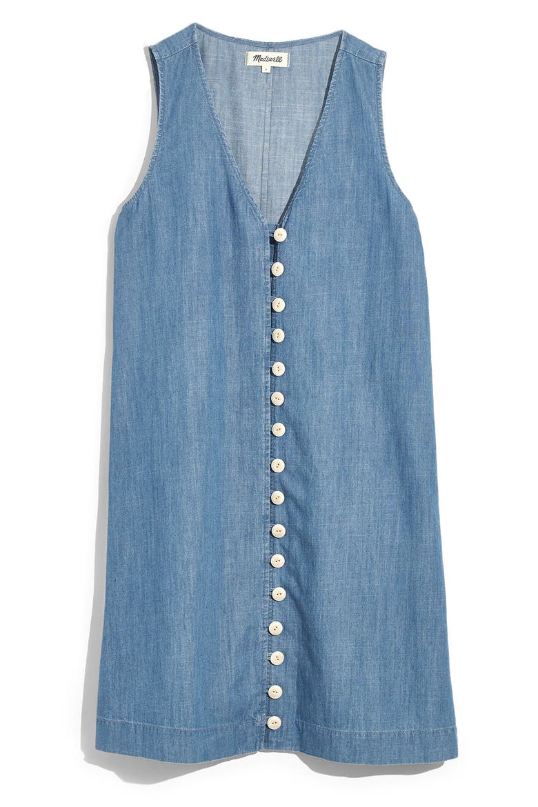 Easy Sleeveless Button Front Denim Dress, Main, color, HASLETT WASH
