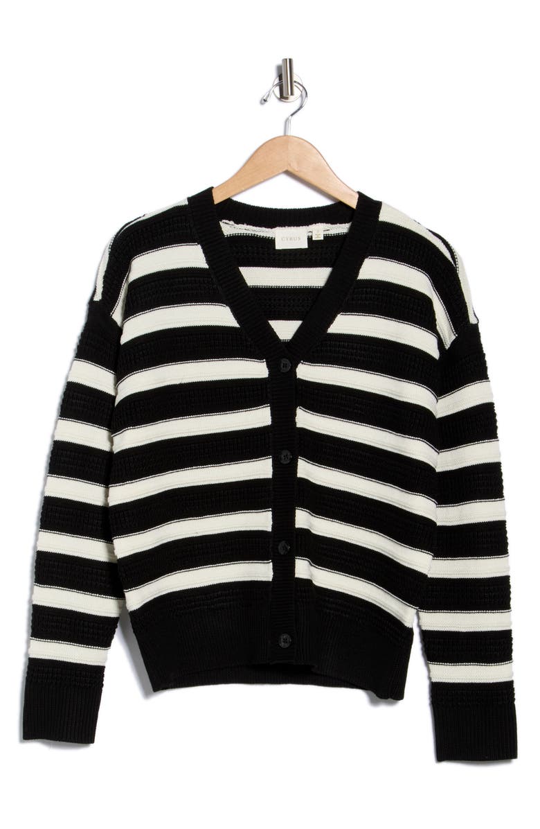 CYRUS Stripe V-Neck Cardigan, Alternate, color, Black/ Cream
