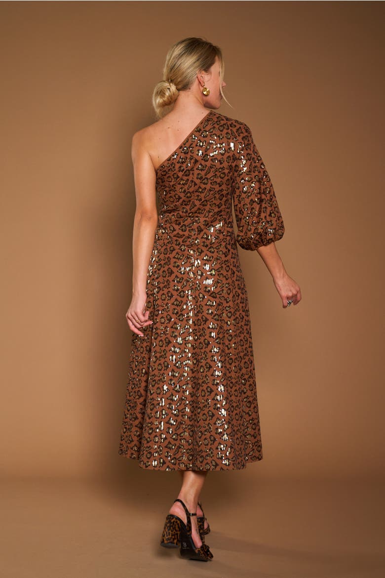 One Shoulder Dress With Leopard Sequins, Alternate, color, Tobacco