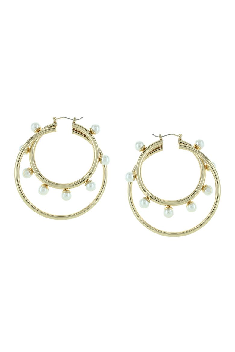 Faye Yellow Gold Plated Imitation Pearl Double Hoop Earrings, Main, color, GOLD / WHITE