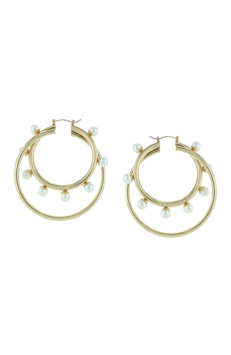 OLIVIA WELLES Faye Yellow Gold Plated Imitation Pearl Double Hoop Earrings, Main, color, Gold / White