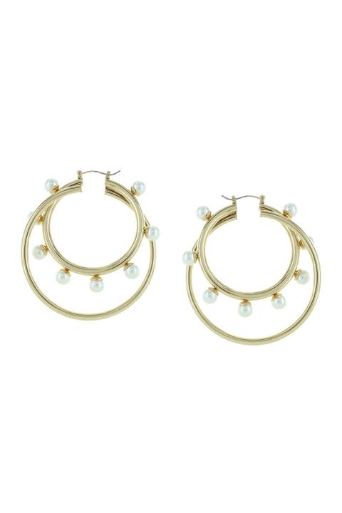 Faye Yellow Gold Plated Imitation Pearl Double Hoop Earrings