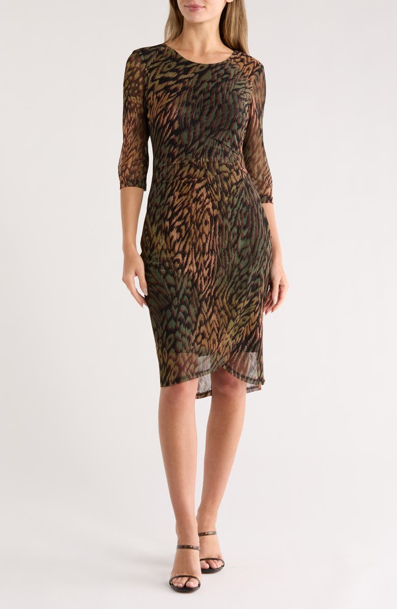 Connected Apparel Three-Quarter Sleeve Mesh Faux Wrap Dress, Main, color, 