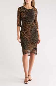 Three-Quarter Sleeve Mesh Faux Wrap Dress