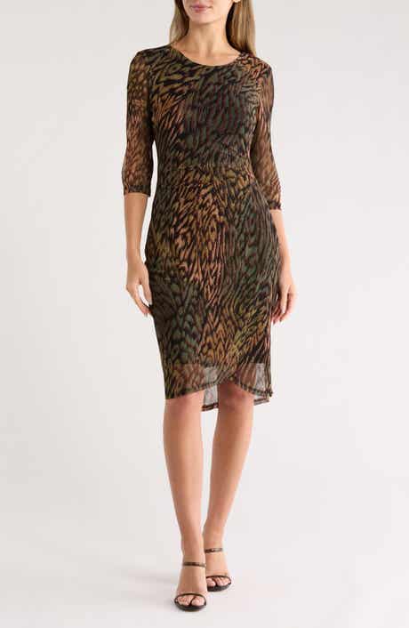 Three-Quarter Sleeve Mesh Faux Wrap Dress