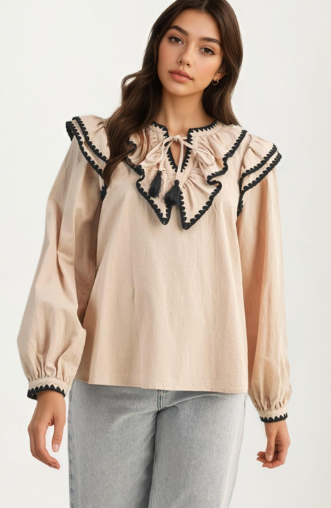Ruffle Trim Oversized Contrast Collar Blouse