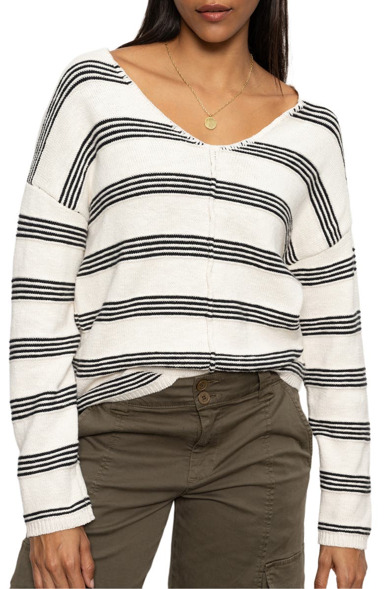 Sanctuary Stripe Cotton V-Neck Sweater, Main, color, Light Oat