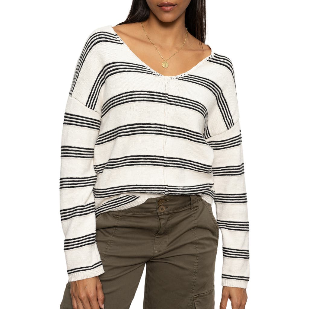 Sanctuary Women's Cotton Striped Easy V-neck Sweater In Light Oat