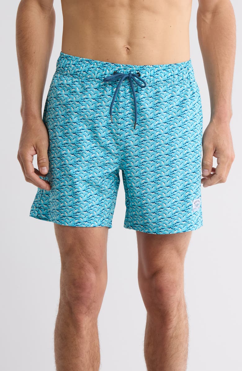 BEACH BROS Shark Print Swim Trunks, Main, color,