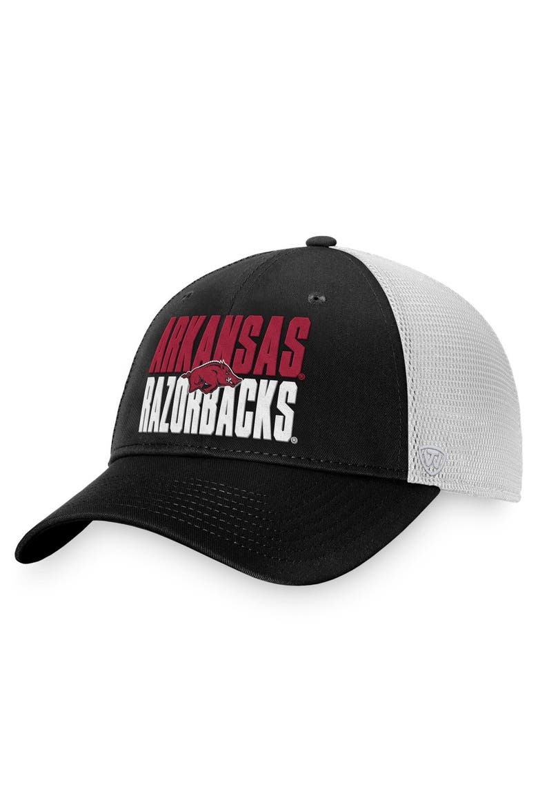 Men's Top of the World Black/White Arkansas Razorbacks Stockpile Trucker Snapback Hat, Main, color, Black