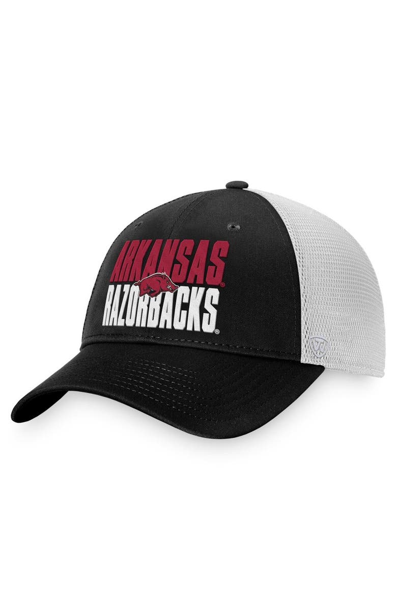 TOP OF THE WORLD Men's Top of the World Black/White Arkansas Razorbacks Stockpile Trucker Snapback Hat, Main, color, Black