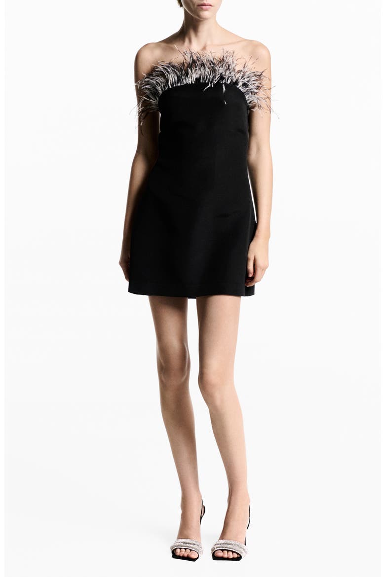 Feather Trim Convertible Strapless Minidress, Main, color, BLACK