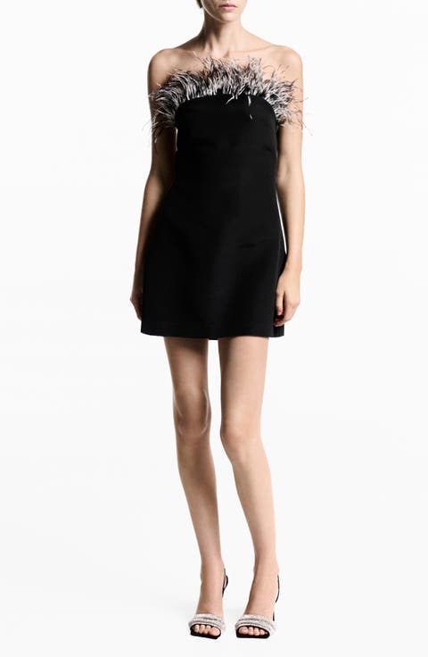 Feather Trim Convertible Strapless Minidress