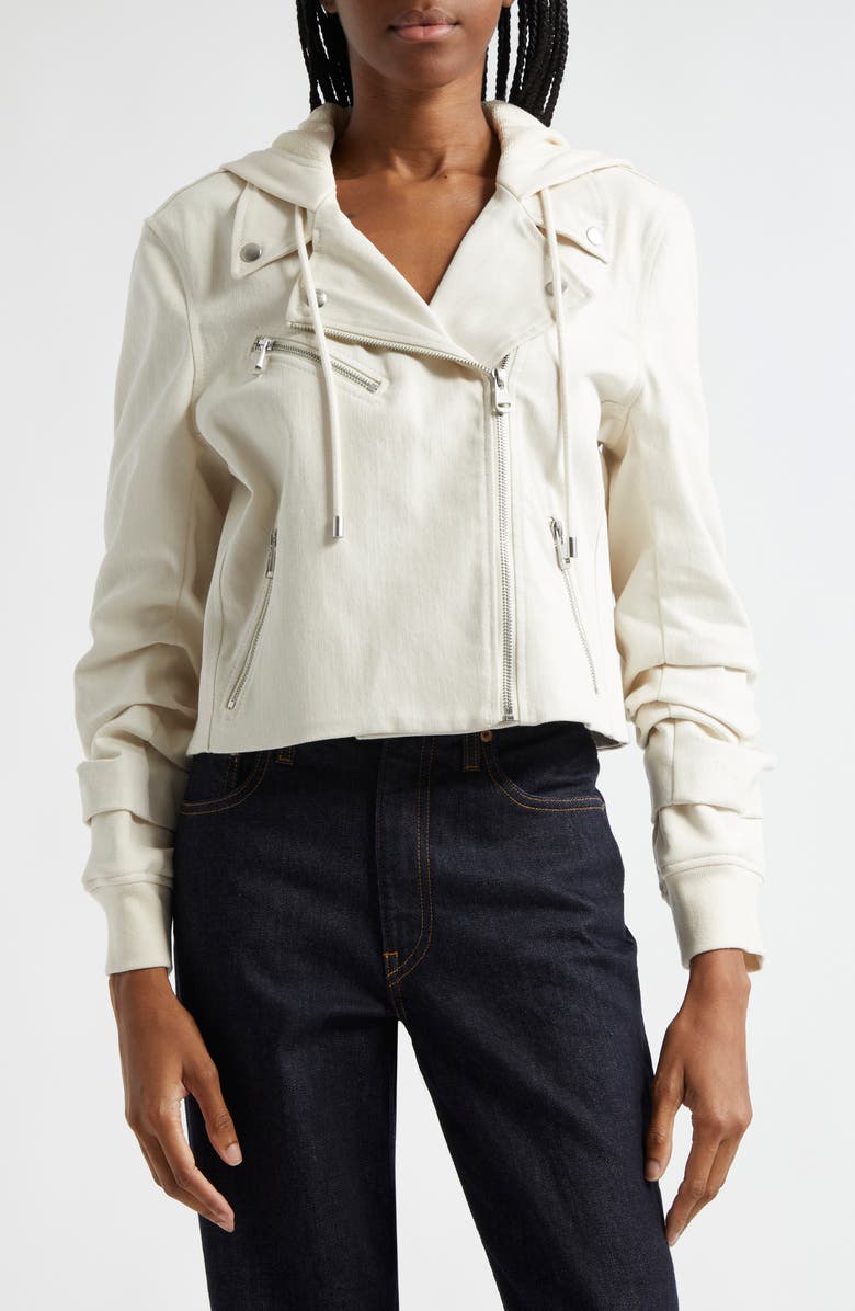 Cinq à Sept Evie Mixed Media Hooded Moto Jacket, Main, color, 