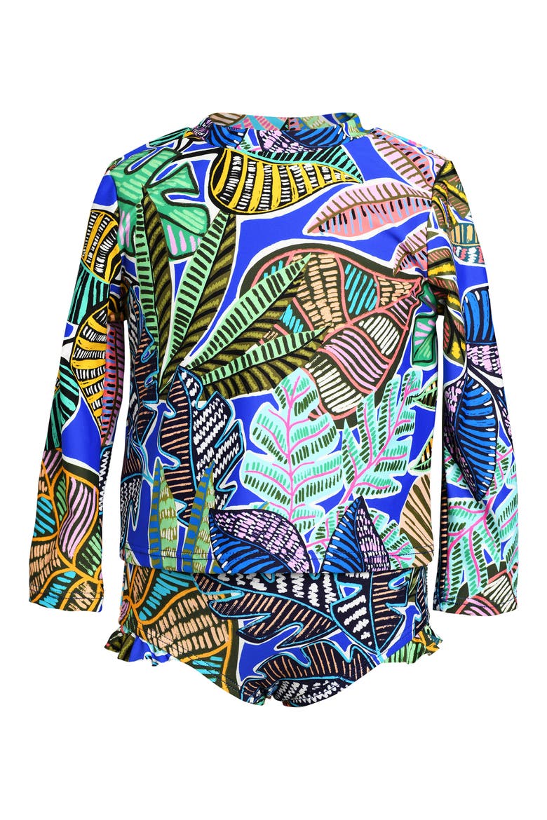 Kids' Neon Long Sleeve Two-Piece Rashguard Swimsuit, Main, color, BLUE MULTI