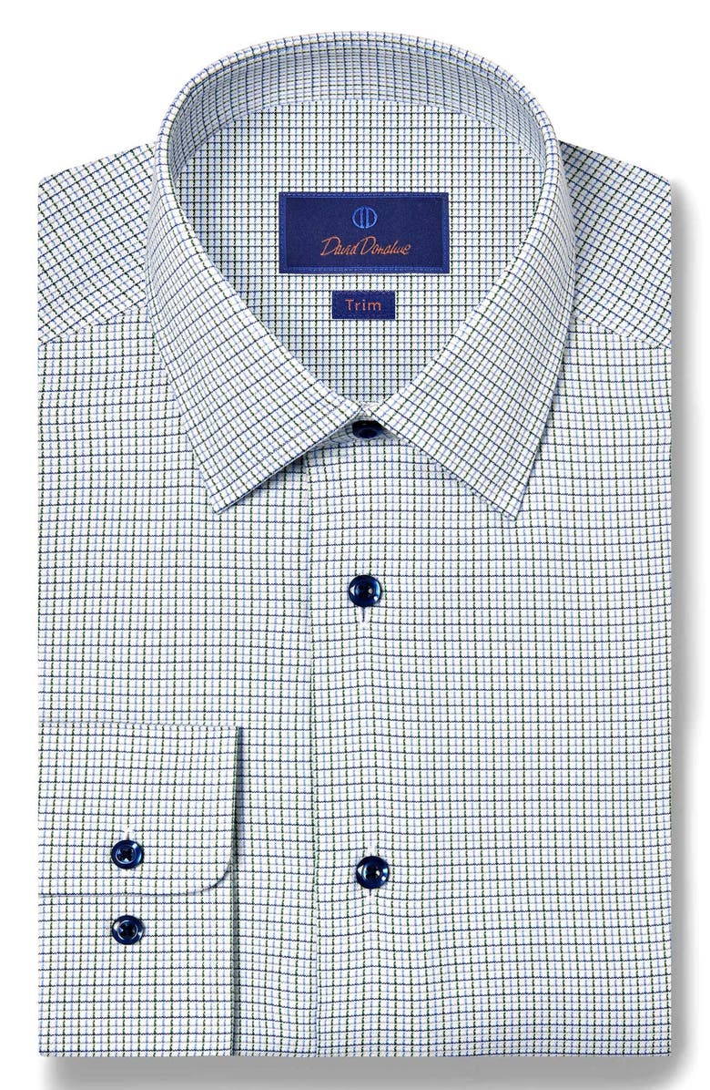 David Donahue Trim Fit Microcheck Textured Cotton Dobby Dress Shirt, Main, color, Blue/ Green