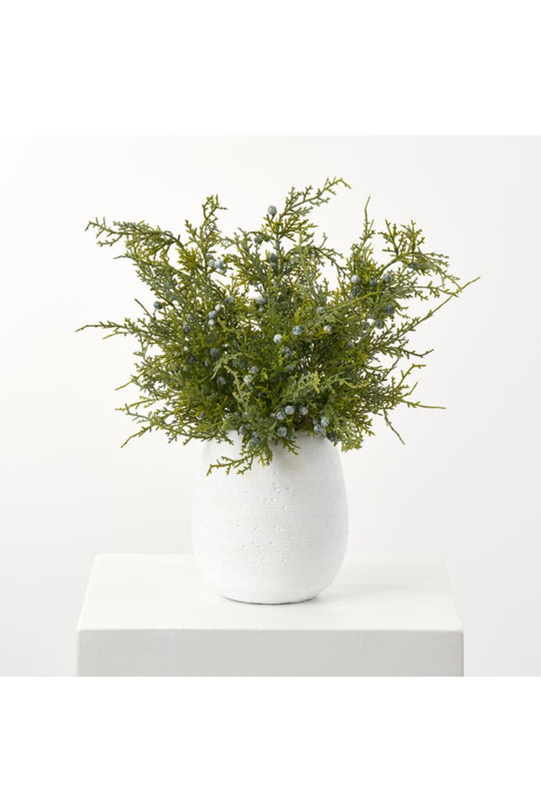 Lifelike Juniper Berry Small Faux Topiary Bush in Textured Concrete Pot Winter Holiday Arrangement, Main, color, Green