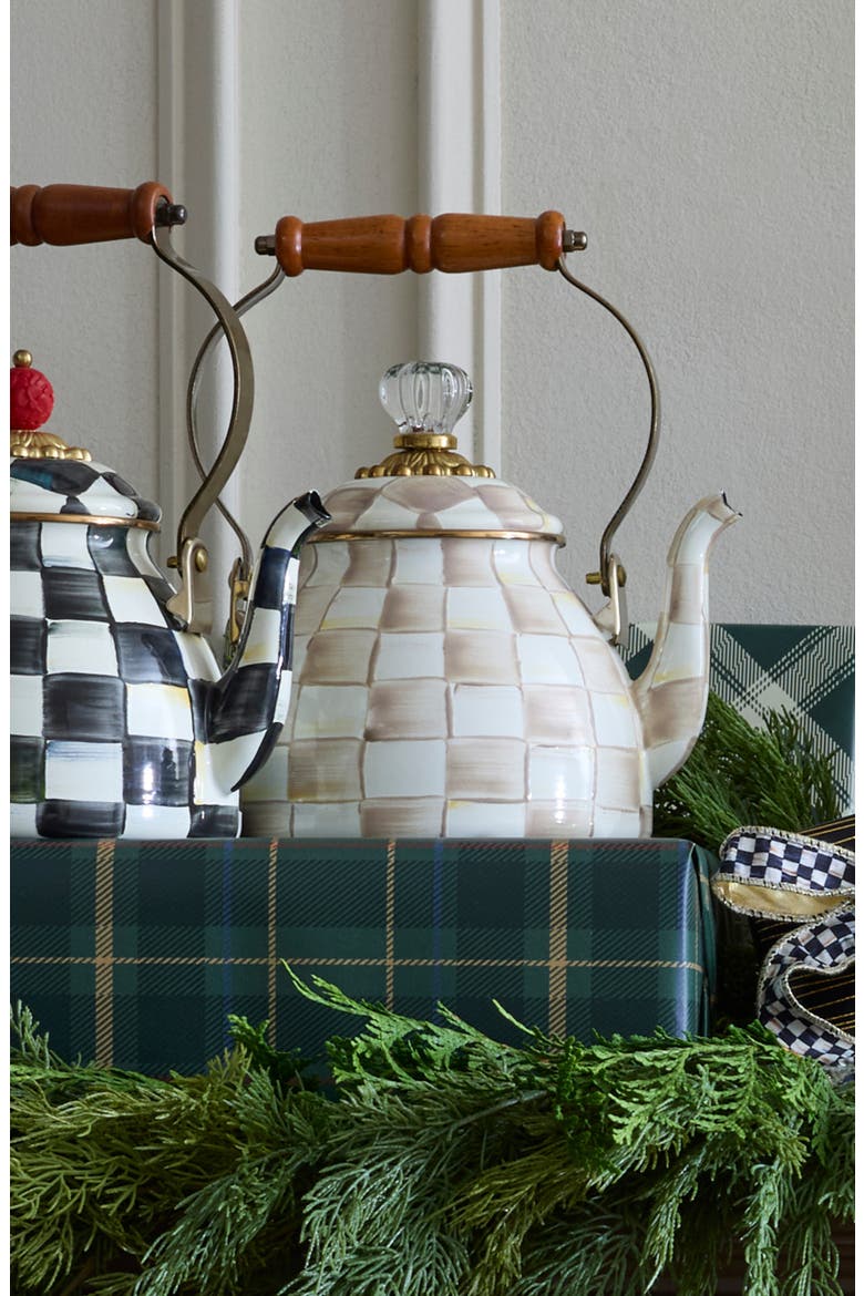 Mocha Check Enameled Steel 2-Quart Tea Kettle, Alternate, color, MOCHA