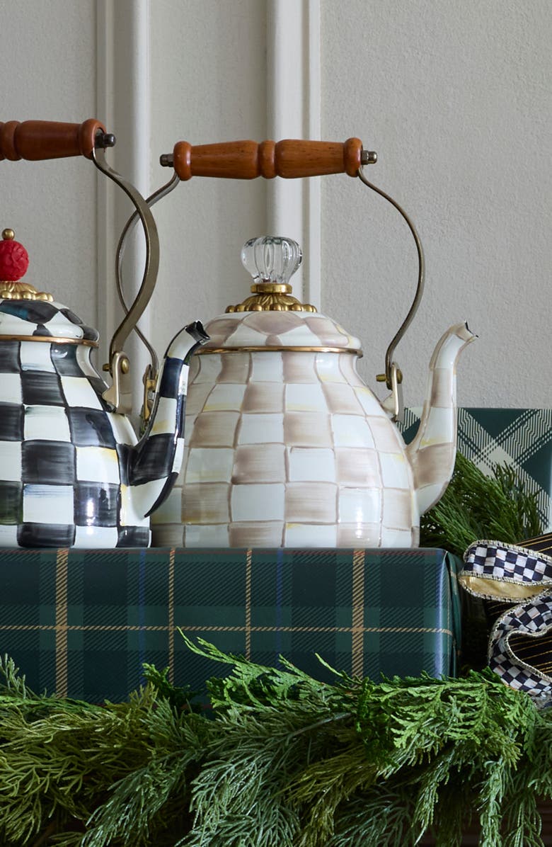 MACKENZIE CHILDS Mocha Check Enameled Steel 2-Quart Tea Kettle, Alternate, color, 