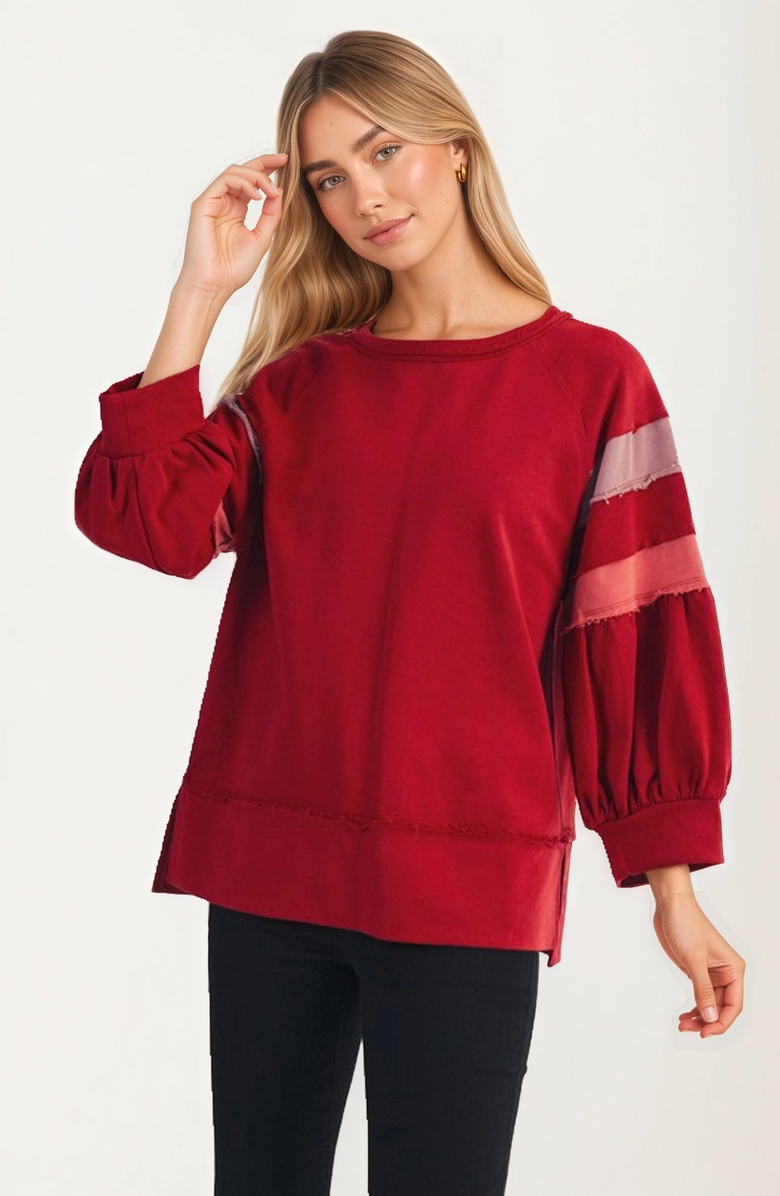 Knit and Lounge Relaxed Crewneck Statement Sleeve Stripe Top, Alternate, color,