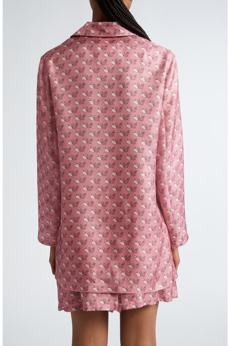 Alpe Kitty Print Silk Twill Button-Up Shirt, Alternate, color, PEONY