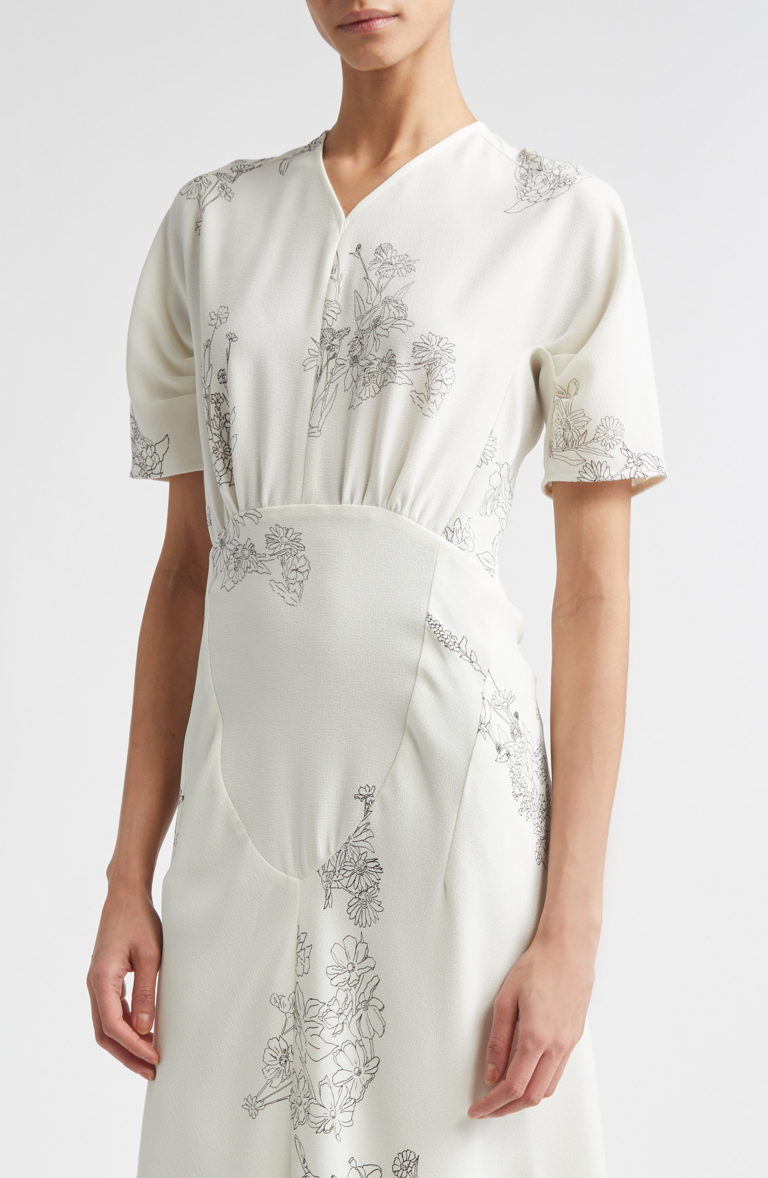 Victoria Beckham Gathered Detail Floral Stretch Cady Midi Dress (Women ...
