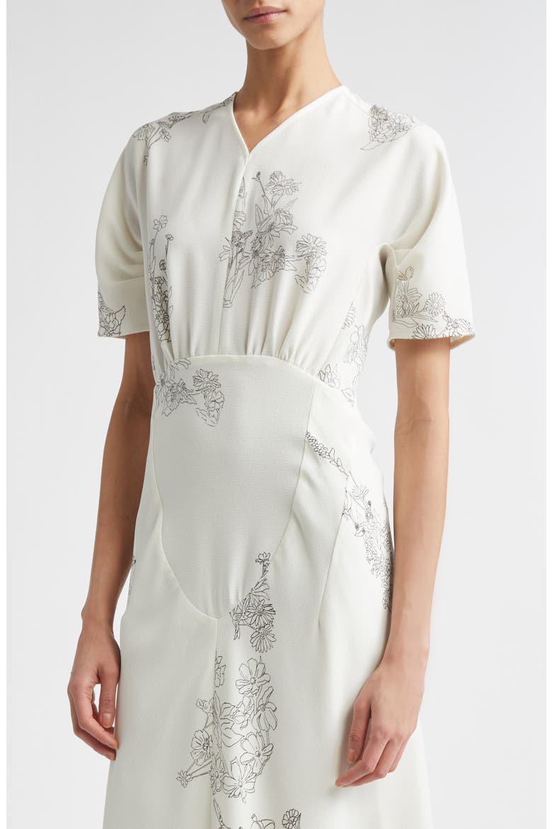 Gathered Detail Floral Stretch Cady Midi Dress, Alternate, color, OFF WHITE BLACK