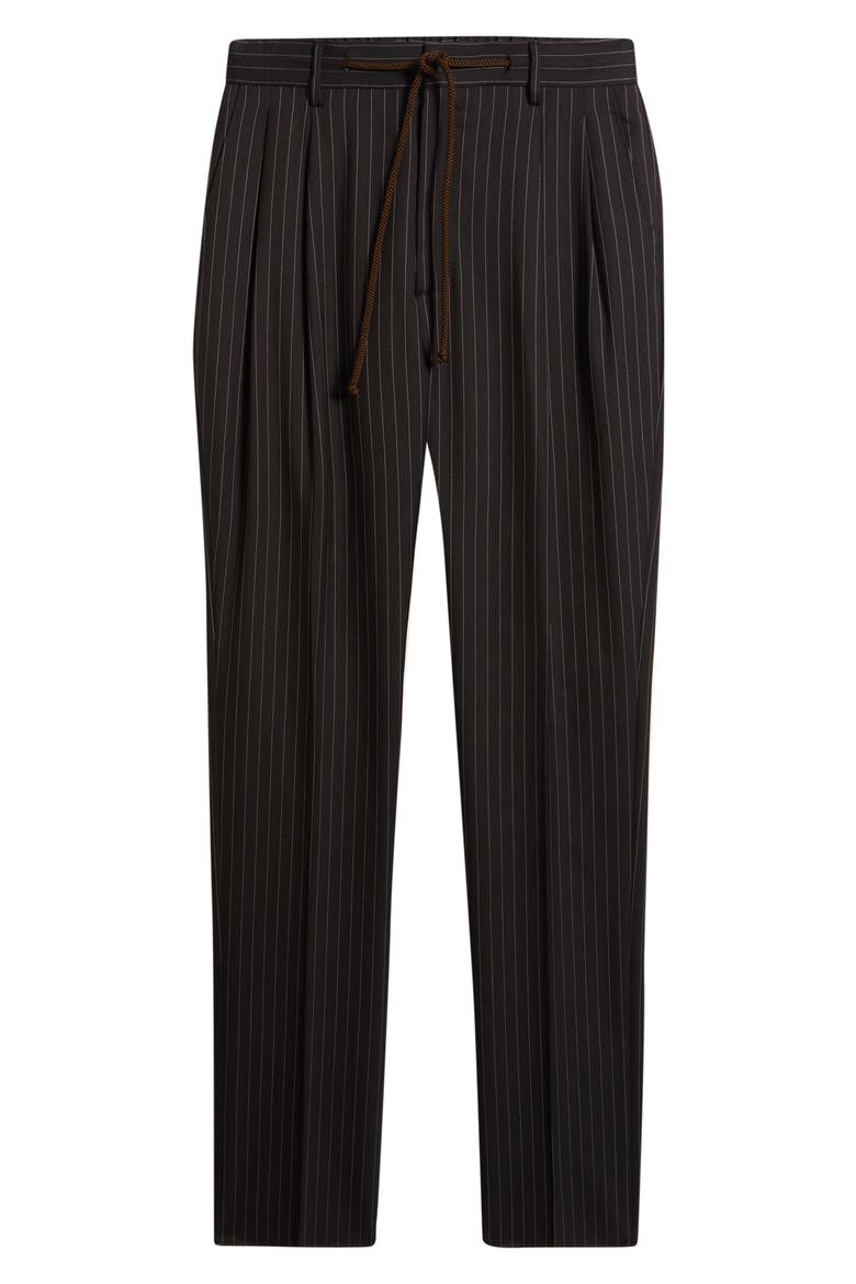 Nova Black Pinstripe Pleated Wool & Cotton Drawstring Dress Pants, Alternate, color, ESPRESSO
